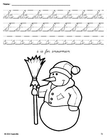 Free printable snowman winter coloring page, cursive letter tracing worksheet, letter s worksheet for preschool, pre-k, and kindergarten