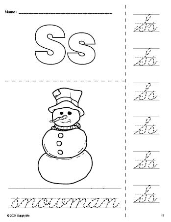 Free printable snowman winter coloring page and cursive letter tracing worksheet, letter s worksheet for preschool, pre-k, and kindergarten