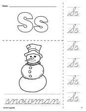 Free printable snowman winter coloring page and cursive letter tracing worksheet, letter s worksheet for preschool, pre-k, and kindergarten