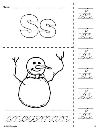 Free printable snowman winter coloring page and cursive letter tracing worksheet, letter s worksheet for preschool, pre-k, and kindergarten