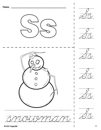 Free printable snowman winter coloring page and cursive letter tracing worksheet, letter s worksheet for preschool, pre-k, and kindergarten