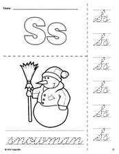 Free printable snowman winter coloring page and cursive letter tracing worksheet, letter s worksheet for preschool, pre-k, and kindergarten