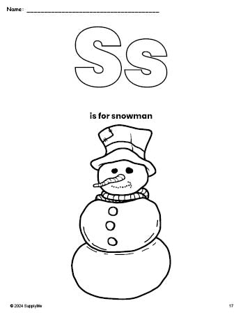 Free printable snowman winter coloring page, letter s coloring page for preschool, pre-k, and kindergarten