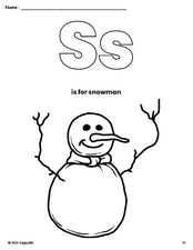 Free printable snowman winter coloring page, letter s coloring page for preschool, pre-k, and kindergarten