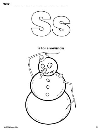 Free printable snowman winter coloring page, letter s coloring page for preschool, pre-k, and kindergarten