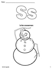 Free printable snowman winter coloring page, letter s coloring page for preschool, pre-k, and kindergarten