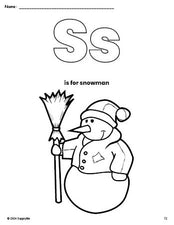 Free printable snowman winter coloring page, letter s coloring page for preschool, pre-k, and kindergarten