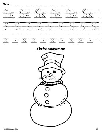 Free printable snowman winter coloring page, letter s tracing worksheet for preschool, pre-k, and kindergarten