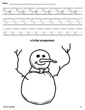 Free printable snowman winter coloring page, letter s tracing worksheet for preschool, pre-k, and kindergarten