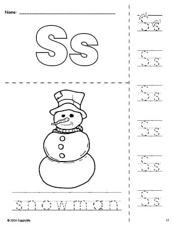 Free printable snowman winter coloring page and letter tracing worksheet, letter s worksheet for preschool, pre-k, and kindergarten