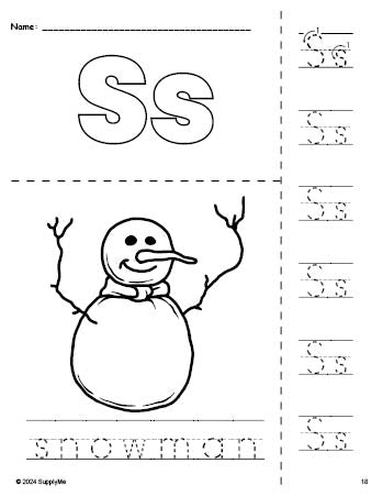 Free printable snowman winter coloring page and letter tracing worksheet, letter s worksheet for preschool, pre-k, and kindergarten