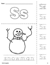 Free printable snowman winter coloring page and letter tracing worksheet, letter s worksheet for preschool, pre-k, and kindergarten