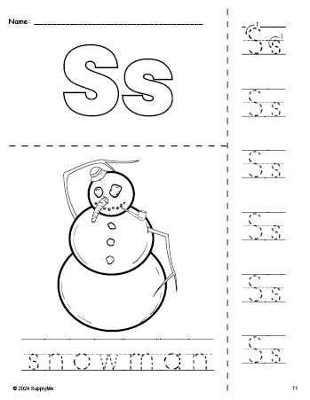 Free printable snowman winter coloring page and letter tracing worksheet, letter s worksheet for preschool, pre-k, and kindergarten