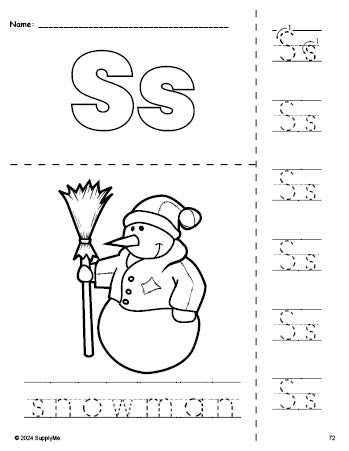 Free printable snowman winter coloring page and letter tracing worksheet, letter s worksheet for preschool, pre-k, and kindergarten