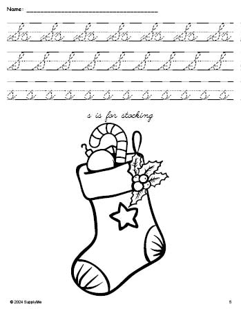 Free printable stocking Christmas coloring page, cursive letter tracing worksheet, letter s worksheet for preschool, pre-k, and kindergarten