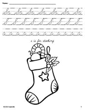 Free printable stocking Christmas coloring page, cursive letter tracing worksheet, letter s worksheet for preschool, pre-k, and kindergarten