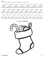 Free printable stocking Christmas coloring page, cursive letter tracing worksheet, letter s worksheet for preschool, pre-k, and kindergarten