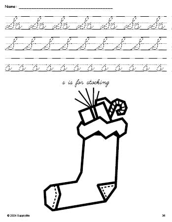 Free printable stocking Christmas coloring page, cursive letter tracing worksheet, letter s worksheet for preschool, pre-k, and kindergarten