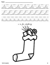 Free printable stocking Christmas coloring page, cursive letter tracing worksheet, letter s worksheet for preschool, pre-k, and kindergarten