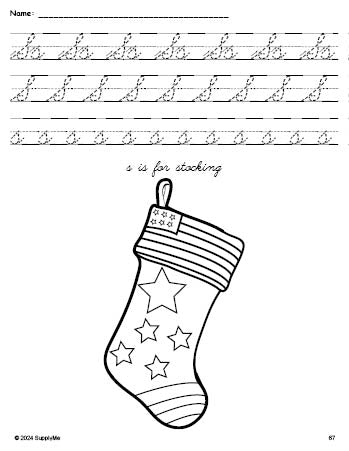 Free printable stocking Christmas coloring page, cursive letter tracing worksheet, letter s worksheet for preschool, pre-k, and kindergarten