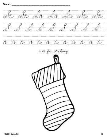 Free printable stocking Christmas coloring page, cursive letter tracing worksheet, letter s worksheet for preschool, pre-k, and kindergarten