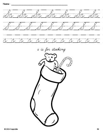 Free printable stocking Christmas coloring page, cursive letter tracing worksheet, letter s worksheet for preschool, pre-k, and kindergarten