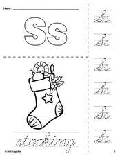 Free printable stocking Christmas coloring page and cursive letter tracing worksheet, letter s worksheet for preschool, pre-k, and kindergarten