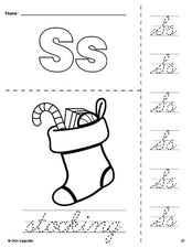 Free printable stocking Christmas coloring page and cursive letter tracing worksheet, letter s worksheet for preschool, pre-k, and kindergarten