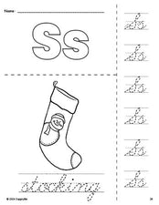 Free printable stocking Christmas coloring page and cursive letter tracing worksheet, letter s worksheet for preschool, pre-k, and kindergarten