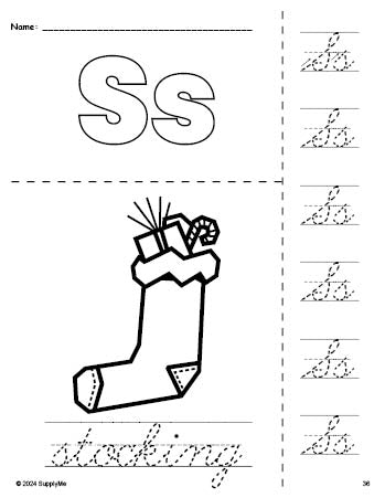 Free printable stocking Christmas coloring page and cursive letter tracing worksheet, letter s worksheet for preschool, pre-k, and kindergarten