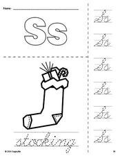 Free printable stocking Christmas coloring page and cursive letter tracing worksheet, letter s worksheet for preschool, pre-k, and kindergarten