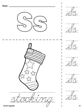 Free printable stocking Christmas coloring page and cursive letter tracing worksheet, letter s worksheet for preschool, pre-k, and kindergarten