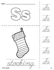 Free printable stocking Christmas coloring page and cursive letter tracing worksheet, letter s worksheet for preschool, pre-k, and kindergarten