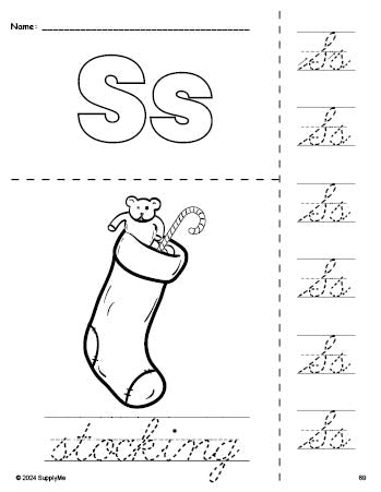 Free printable stocking Christmas coloring page and cursive letter tracing worksheet, letter s worksheet for preschool, pre-k, and kindergarten