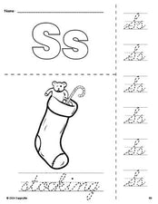 Free printable stocking Christmas coloring page and cursive letter tracing worksheet, letter s worksheet for preschool, pre-k, and kindergarten