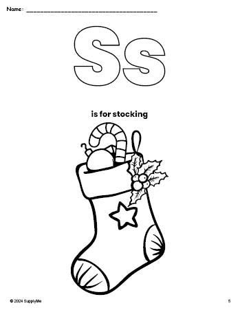 Free printable stocking Christmas coloring page, letter s coloring page for preschool, pre-k, and kindergarten