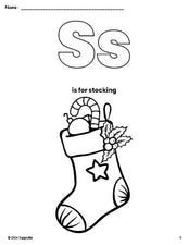 Free printable stocking Christmas coloring page, letter s coloring page for preschool, pre-k, and kindergarten