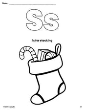 Free printable stocking Christmas coloring page, letter s coloring page for preschool, pre-k, and kindergarten