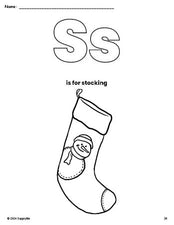 Free printable stocking Christmas coloring page, letter s coloring page for preschool, pre-k, and kindergarten