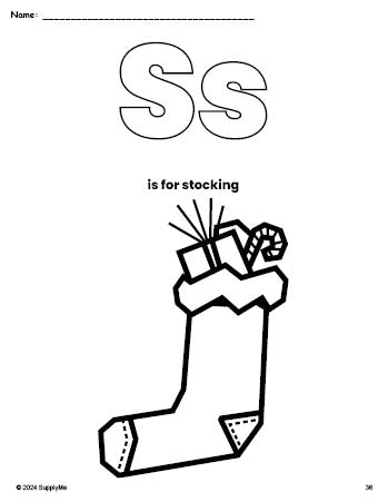 Free printable stocking Christmas coloring page, letter s coloring page for preschool, pre-k, and kindergarten