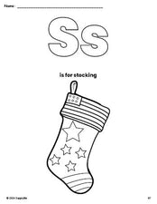 Free printable stocking Christmas coloring page, letter s coloring page for preschool, pre-k, and kindergarten