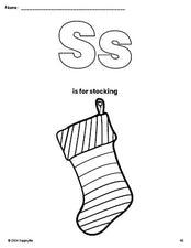 Free printable stocking Christmas coloring page, letter s coloring page for preschool, pre-k, and kindergarten