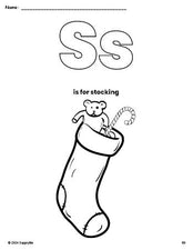 Free printable stocking Christmas coloring page, letter s coloring page for preschool, pre-k, and kindergarten