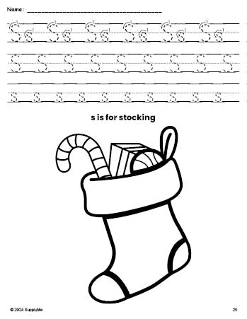 Free printable stocking Christmas coloring page, letter s tracing worksheet for preschool, pre-k, and kindergarten