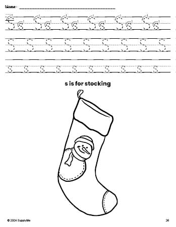 Free printable stocking Christmas coloring page, letter s tracing worksheet for preschool, pre-k, and kindergarten