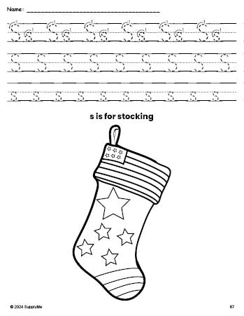 Free printable stocking Christmas coloring page, letter s tracing worksheet for preschool, pre-k, and kindergarten