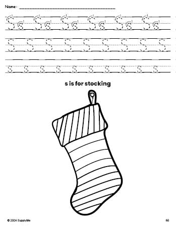 Free printable stocking Christmas coloring page, letter s tracing worksheet for preschool, pre-k, and kindergarten