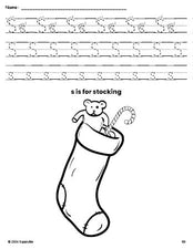 Free printable stocking Christmas coloring page, letter s tracing worksheet for preschool, pre-k, and kindergarten