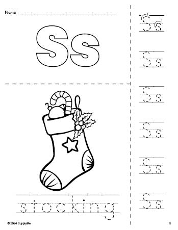 Free printable stocking Christmas coloring page and letter tracing worksheet, letter s worksheet for preschool, pre-k, and kindergarten