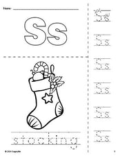 Free printable stocking Christmas coloring page and letter tracing worksheet, letter s worksheet for preschool, pre-k, and kindergarten